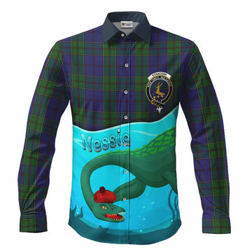 Strachan Tartan Crest Long Sleeve Button Shirts Nessie Under Water