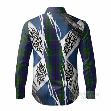 Strachan Tartan Crest Long Sleeve Button Shirts Scotland Flag Ripped Tribal Design