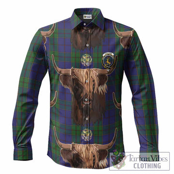 Strachan Tartan Crest Long Sleeve Button Shirts Scotland Heilan Coo Tartan Seamless Style