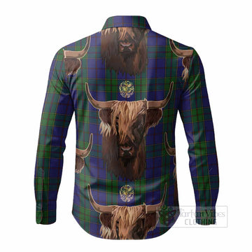 Strachan Tartan Crest Long Sleeve Button Shirts Scotland Heilan Coo Tartan Seamless Style