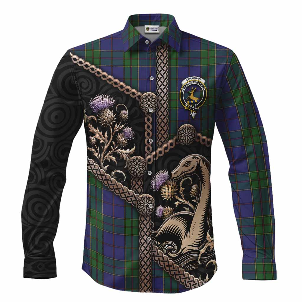 Strachan Tartan Crest Long Sleeve Button Shirts Scottish Thistle Loch Ness Monster