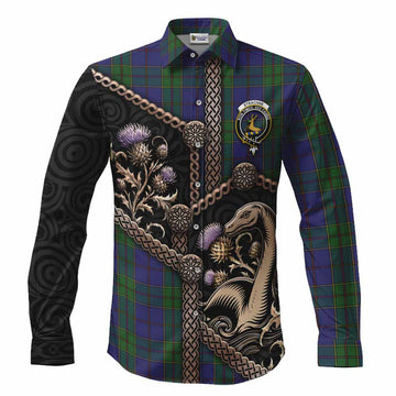 Strachan Tartan Crest Long Sleeve Button Shirts Scottish Thistle Loch Ness Monster