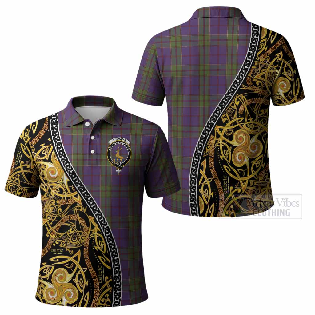 Strachan Tartan Crest Polo Shirt Celtic Knot and Triple Trickle Spiral Symbols