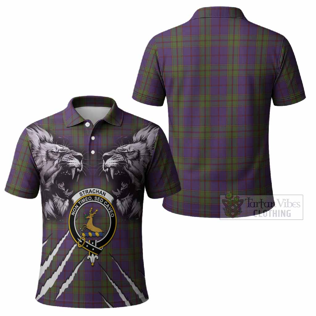 Strachan Tartan Crest Polo Shirt Ferocious Lion Style