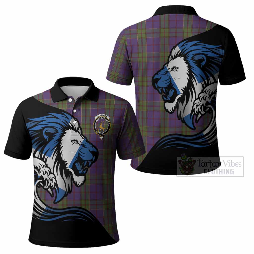 Strachan Tartan Crest Polo Shirt Scottish Golden Lions Wave Flow