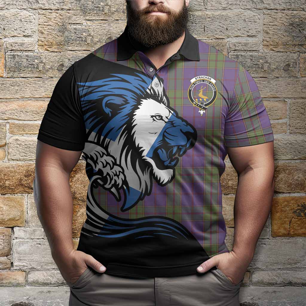 Strachan Tartan Crest Polo Shirt Scottish Golden Lions Wave Flow