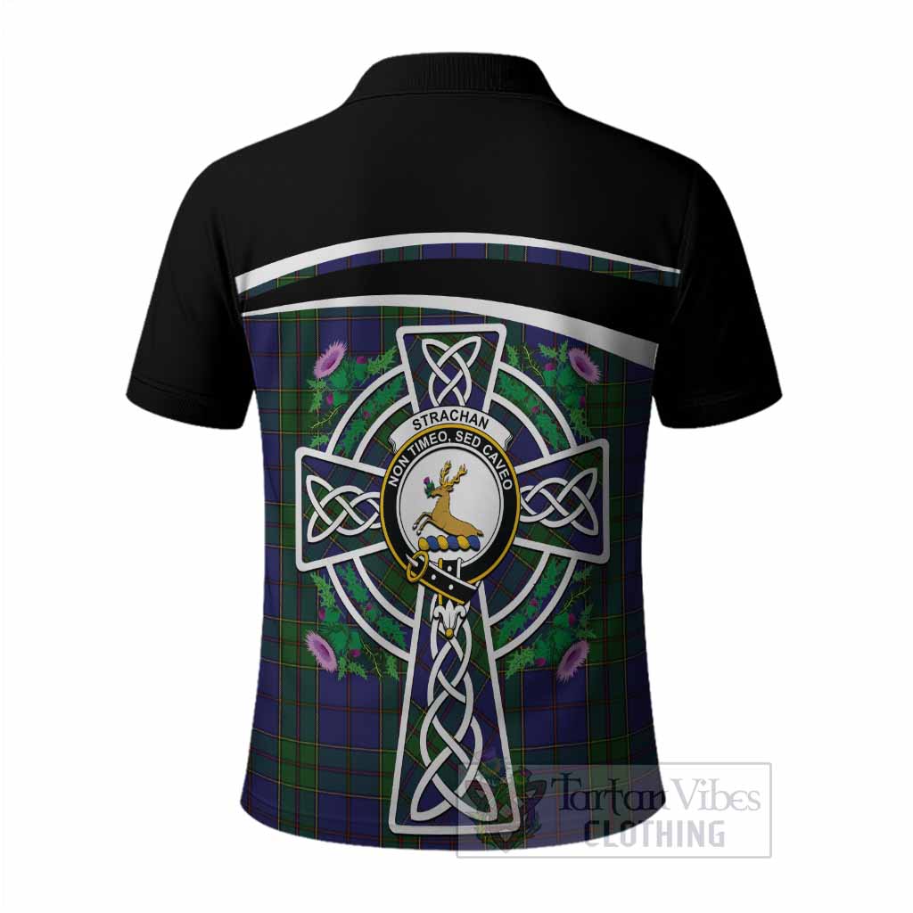 Strachan Tartan Crest Polo Shirt Scottish Thistle Celtic Cross Alba Gu Brath