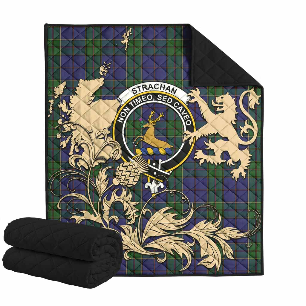 Strachan Tartan Crest Premium Quilt with Scottish Iconic Symbols 