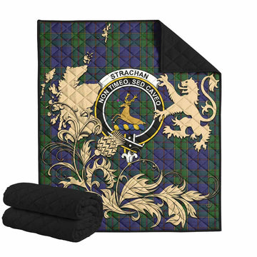 Strachan Tartan Crest Premium Quilt with Scottish Iconic Symbols 