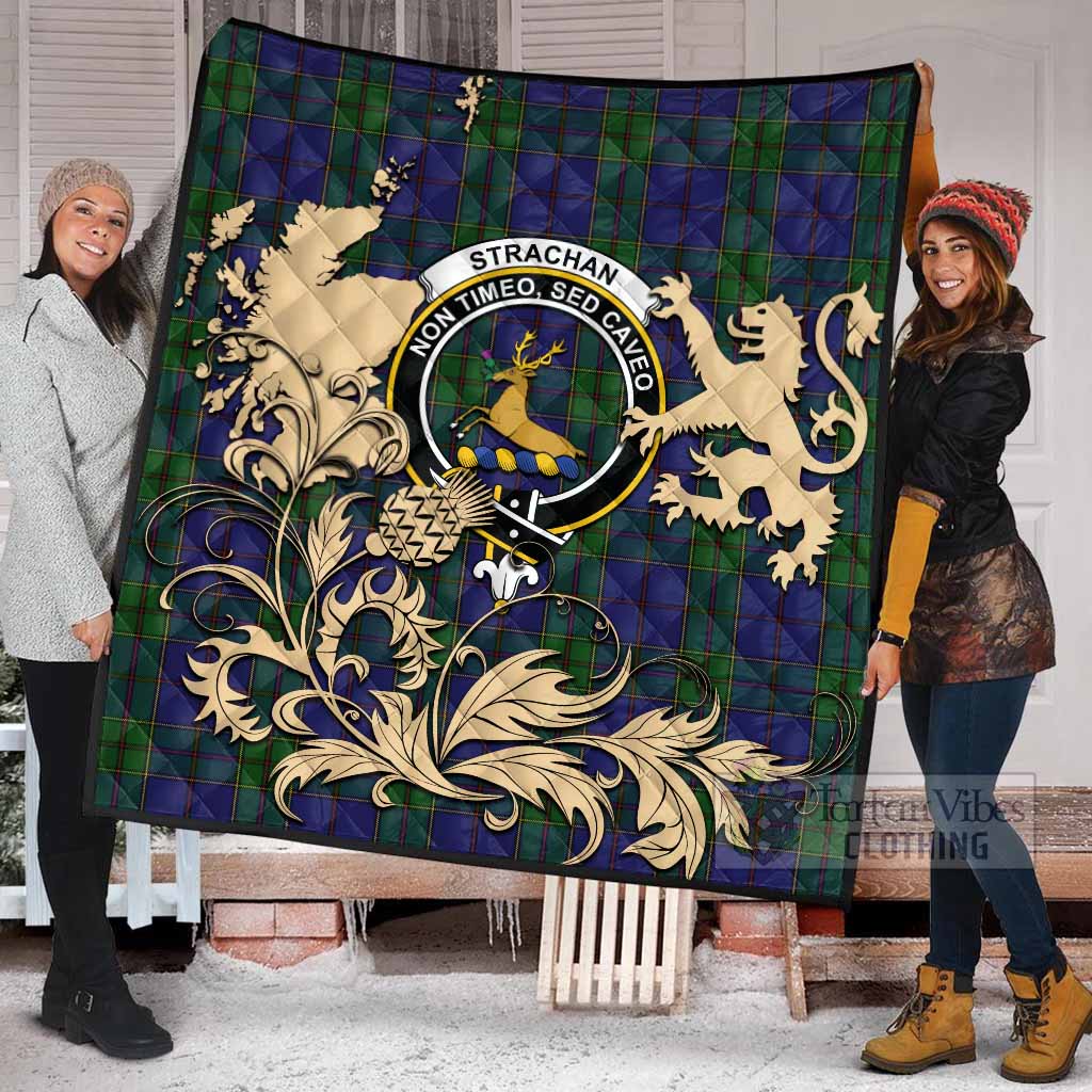 Strachan Tartan Crest Premium Quilt with Scottish Iconic Symbols 
