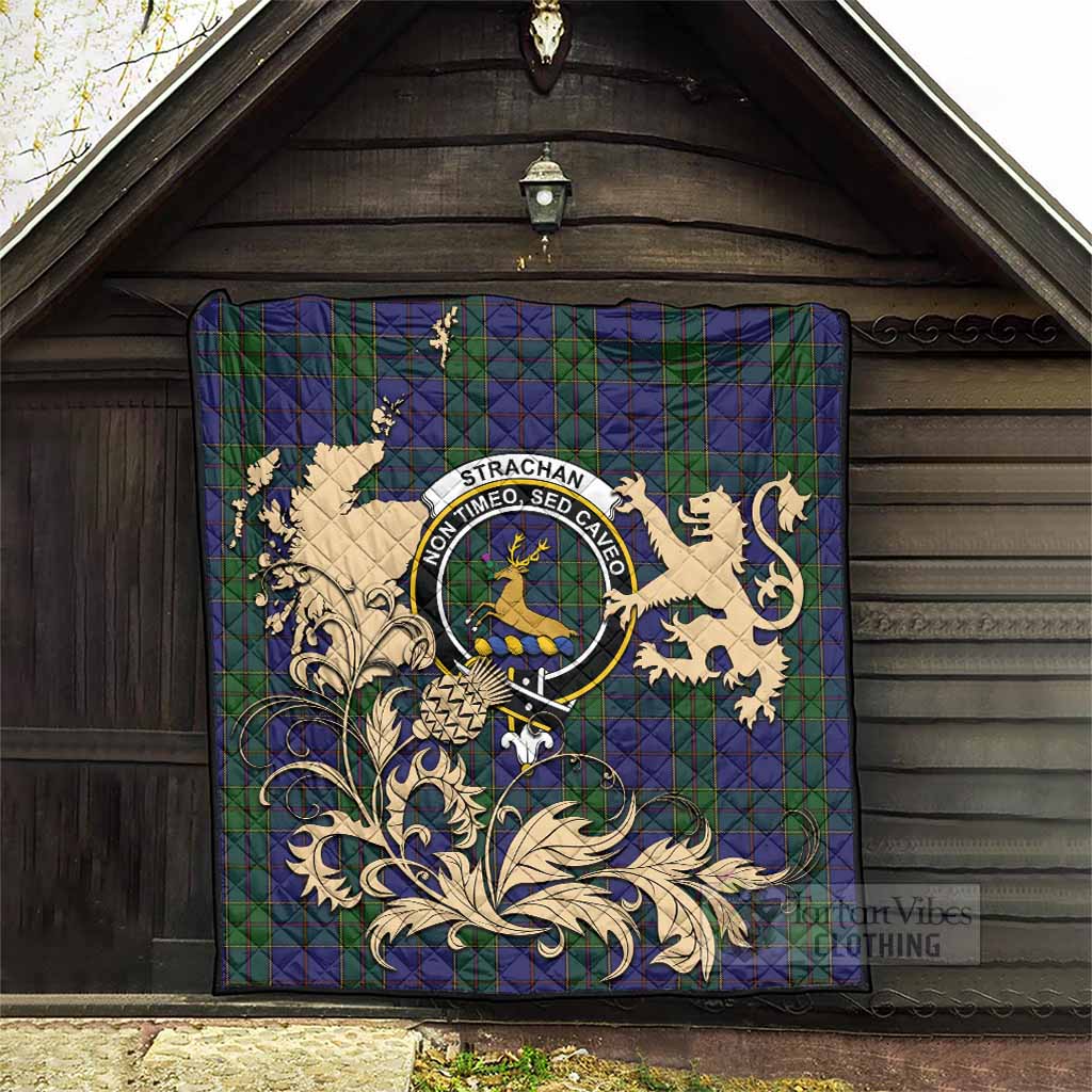 Strachan Tartan Crest Premium Quilt with Scottish Iconic Symbols 