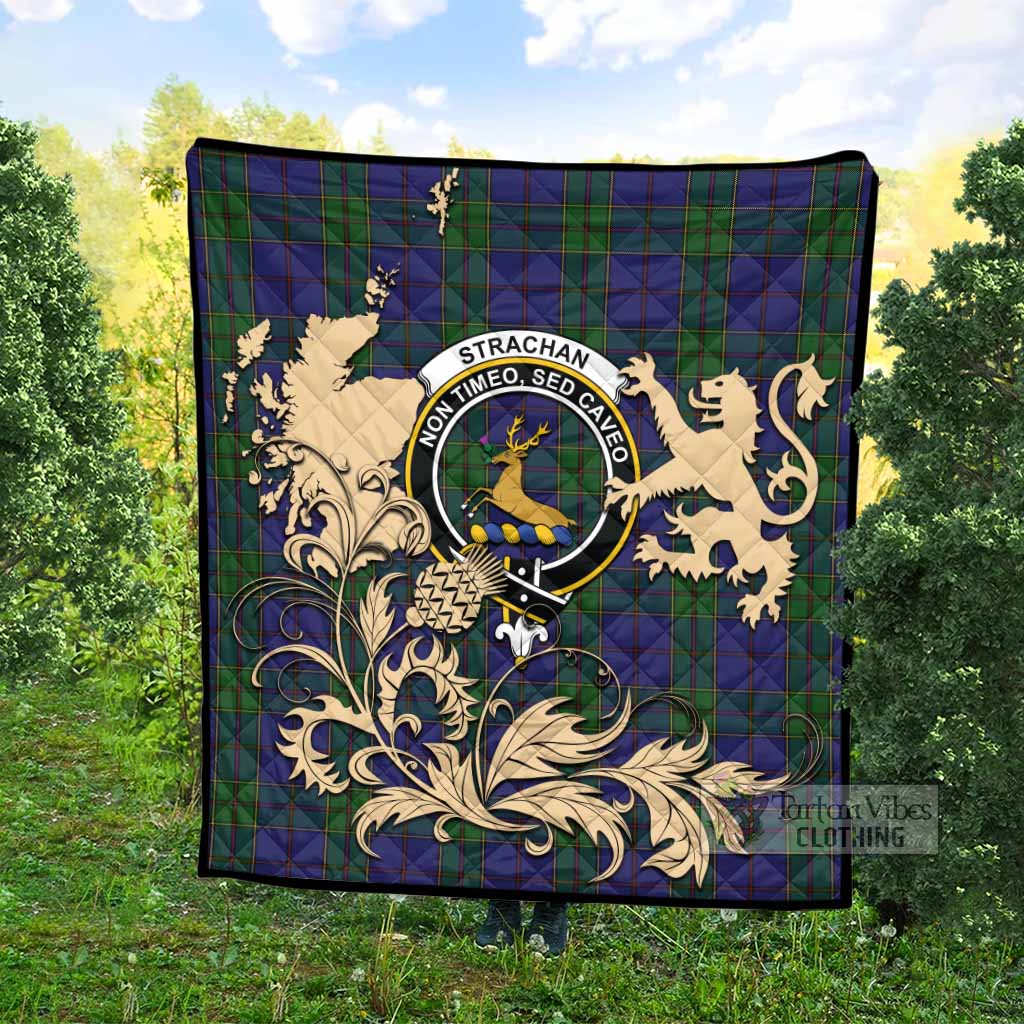 Strachan Tartan Crest Premium Quilt with Scottish Iconic Symbols 
