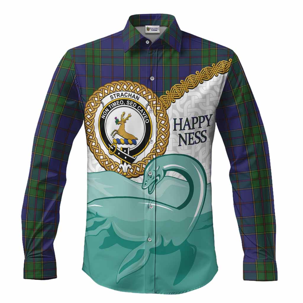 Strachan Tartan Crest Scottish Loch Ness Monster Long Sleeve Button Shirts Happy Ness Scotland Celtic Knot
