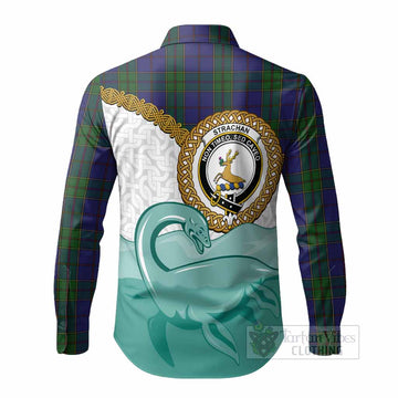 Strachan Tartan Crest Scottish Loch Ness Monster Long Sleeve Button Shirts Happy Ness Scotland Celtic Knot