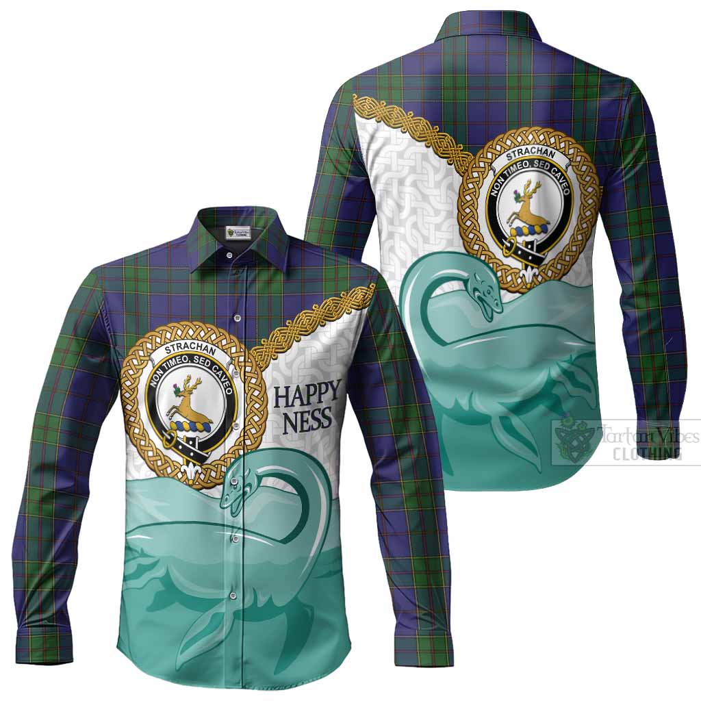 Strachan Tartan Crest Scottish Loch Ness Monster Long Sleeve Button Shirts Happy Ness Scotland Celtic Knot