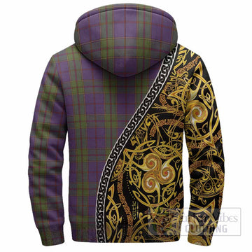Strachan Tartan Crest Sherpa Hoodie Celtic Knot and Triple Trickle Spiral Symbols