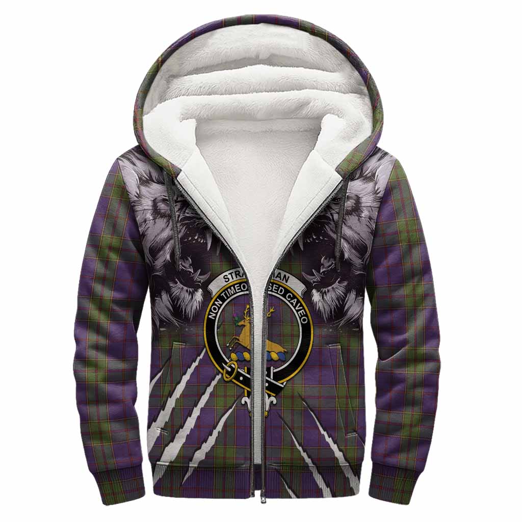 Strachan Tartan Crest Sherpa Hoodie Ferocious Lion Style