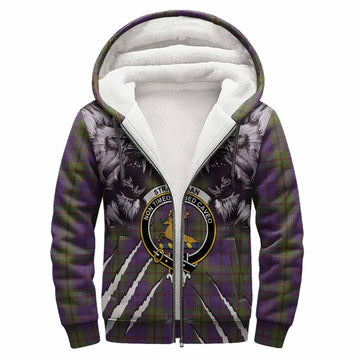 Strachan Tartan Crest Sherpa Hoodie Ferocious Lion Style