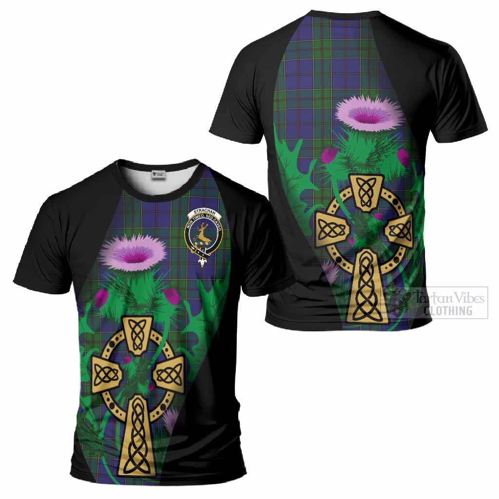 Strachan Tartan Crest T-Shirt Celtic Cross Thistle Flowers