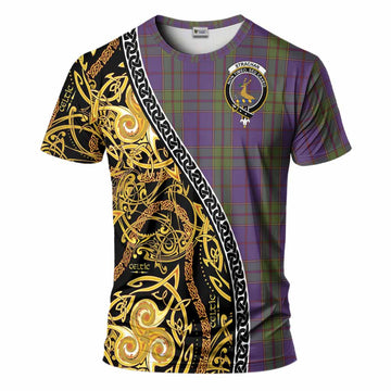 Strachan Tartan Crest T-Shirt Celtic Knot and Triple Trickle Spiral Symbols
