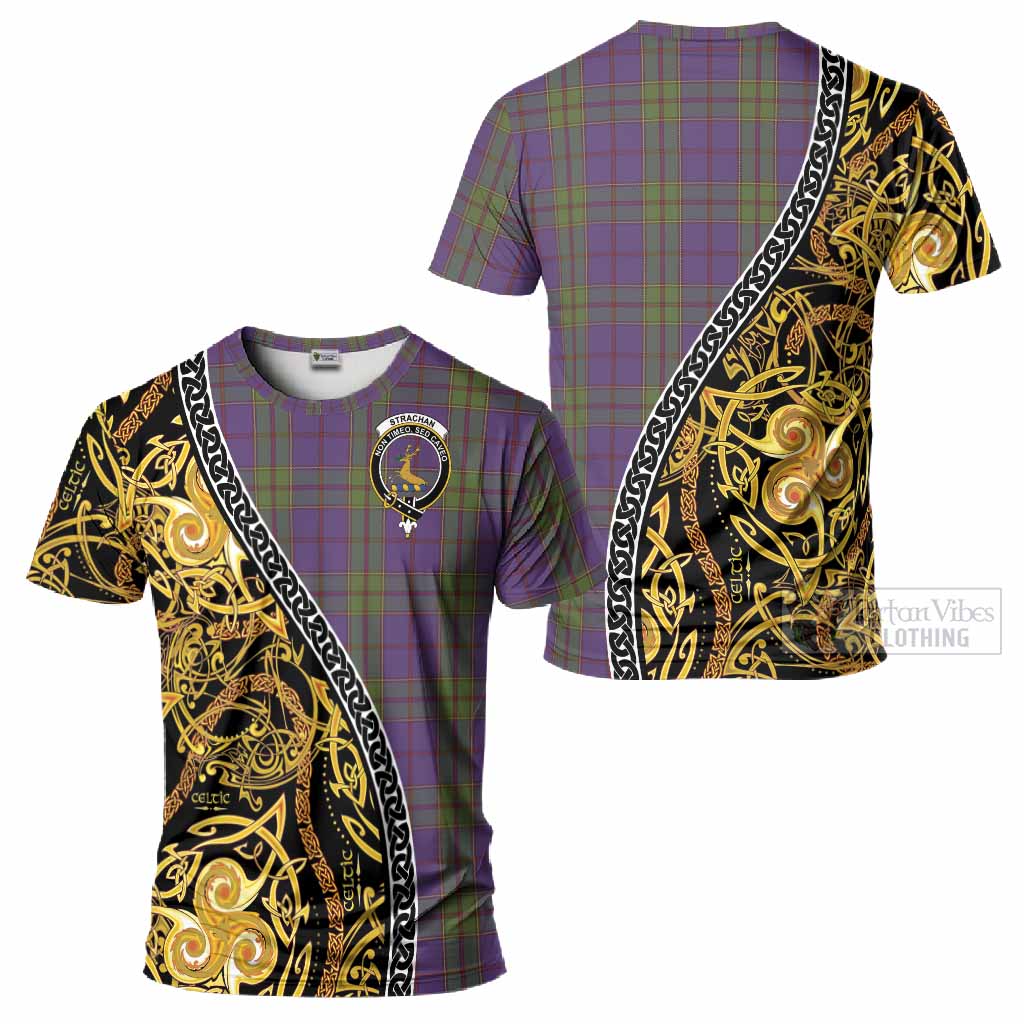 Strachan Tartan Crest T-Shirt Celtic Knot and Triple Trickle Spiral Symbols