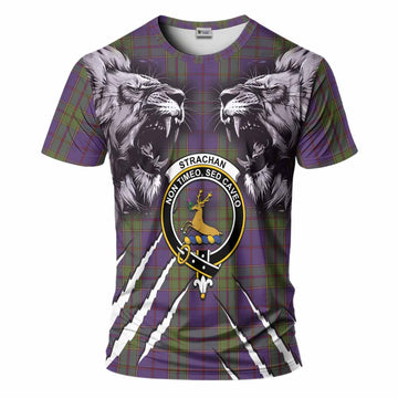 Strachan Tartan Crest T-Shirt Ferocious Lion Style