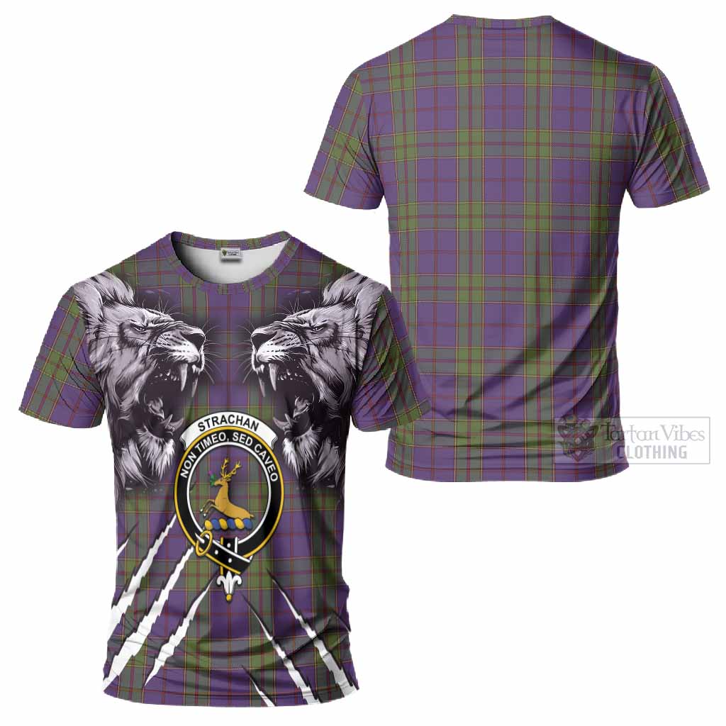 Strachan Tartan Crest T-Shirt Ferocious Lion Style