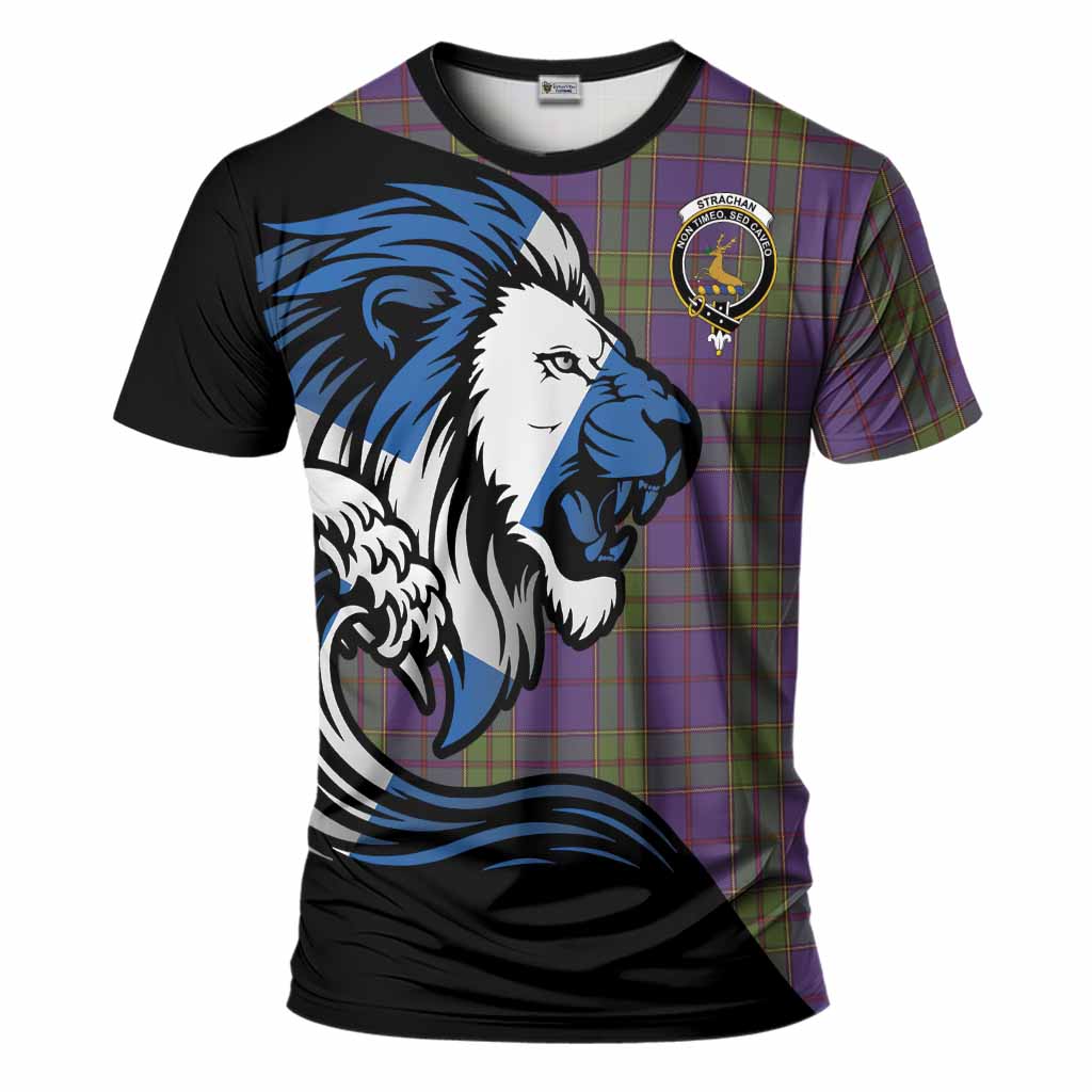Strachan Tartan Crest T-Shirt Scottish Golden Lions Wave Flow