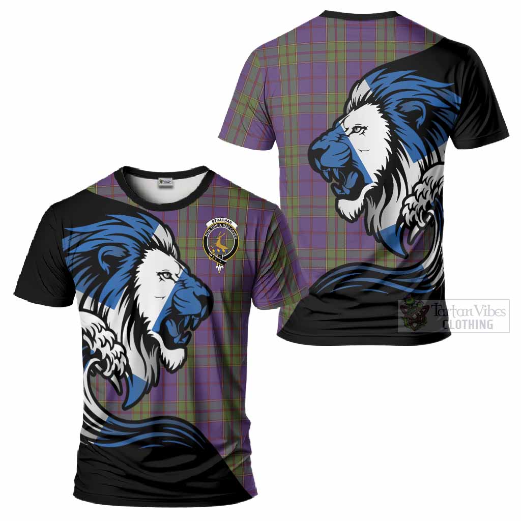 Strachan Tartan Crest T-Shirt Scottish Golden Lions Wave Flow
