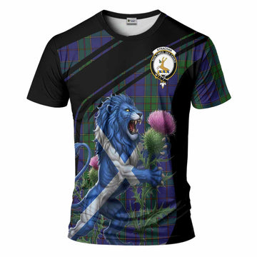 Strachan Tartan Crest T-Shirt Scottish Lion Rampant Thistle