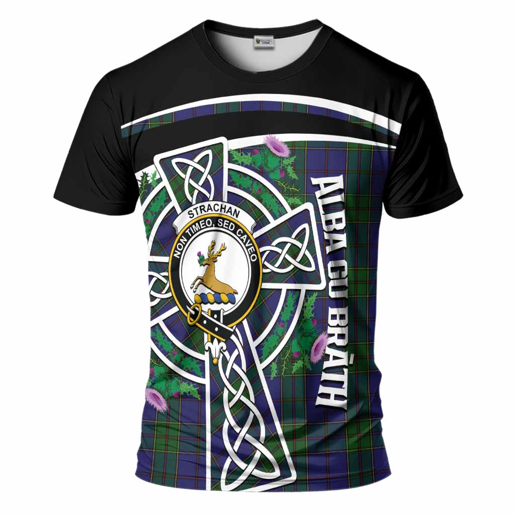 Strachan Tartan Crest T-Shirt Scottish Thistle Celtic Cross Alba Gu Brath