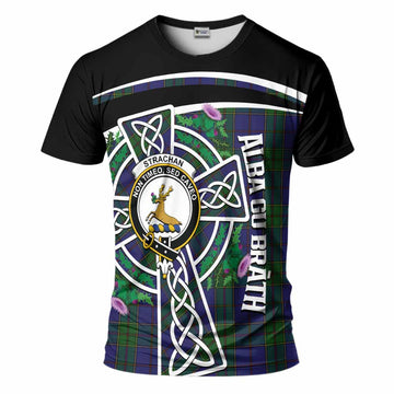 Strachan Tartan Crest T-Shirt Scottish Thistle Celtic Cross Alba Gu Brath