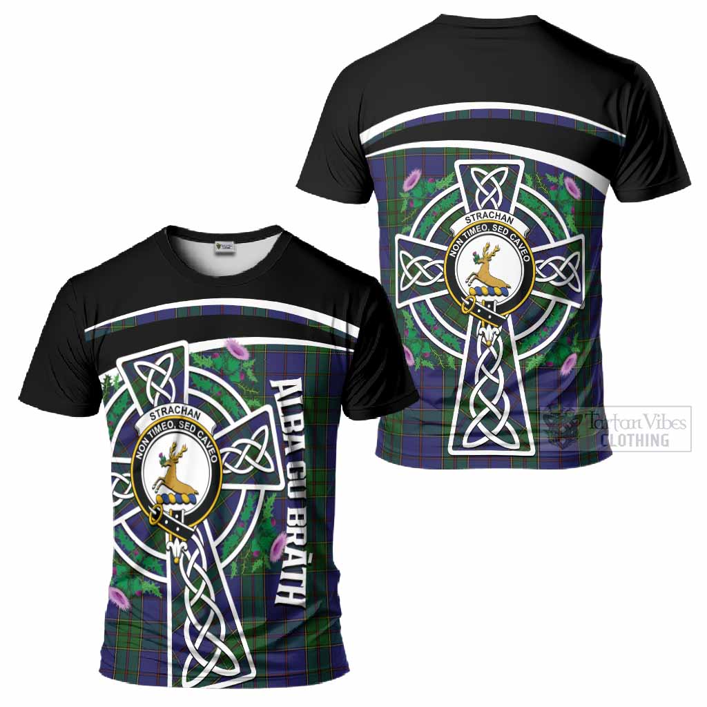 Strachan Tartan Crest T-Shirt Scottish Thistle Celtic Cross Alba Gu Brath