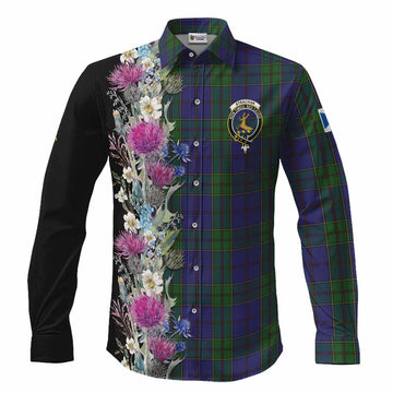 Strachan Tartan Crest Thistle Floral Long Sleeve Button Shirts