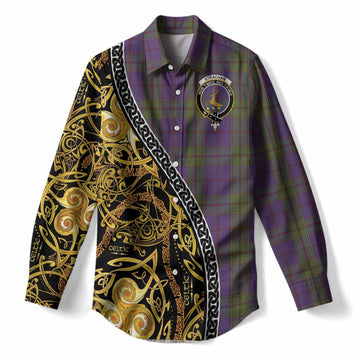 Strachan Tartan Crest Women Casual Shirt Celtic Knot and Triple Trickle Spiral Symbols