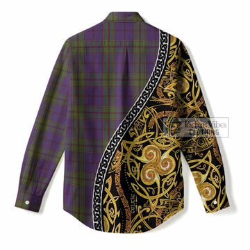 Strachan Tartan Crest Women Casual Shirt Celtic Knot and Triple Trickle Spiral Symbols
