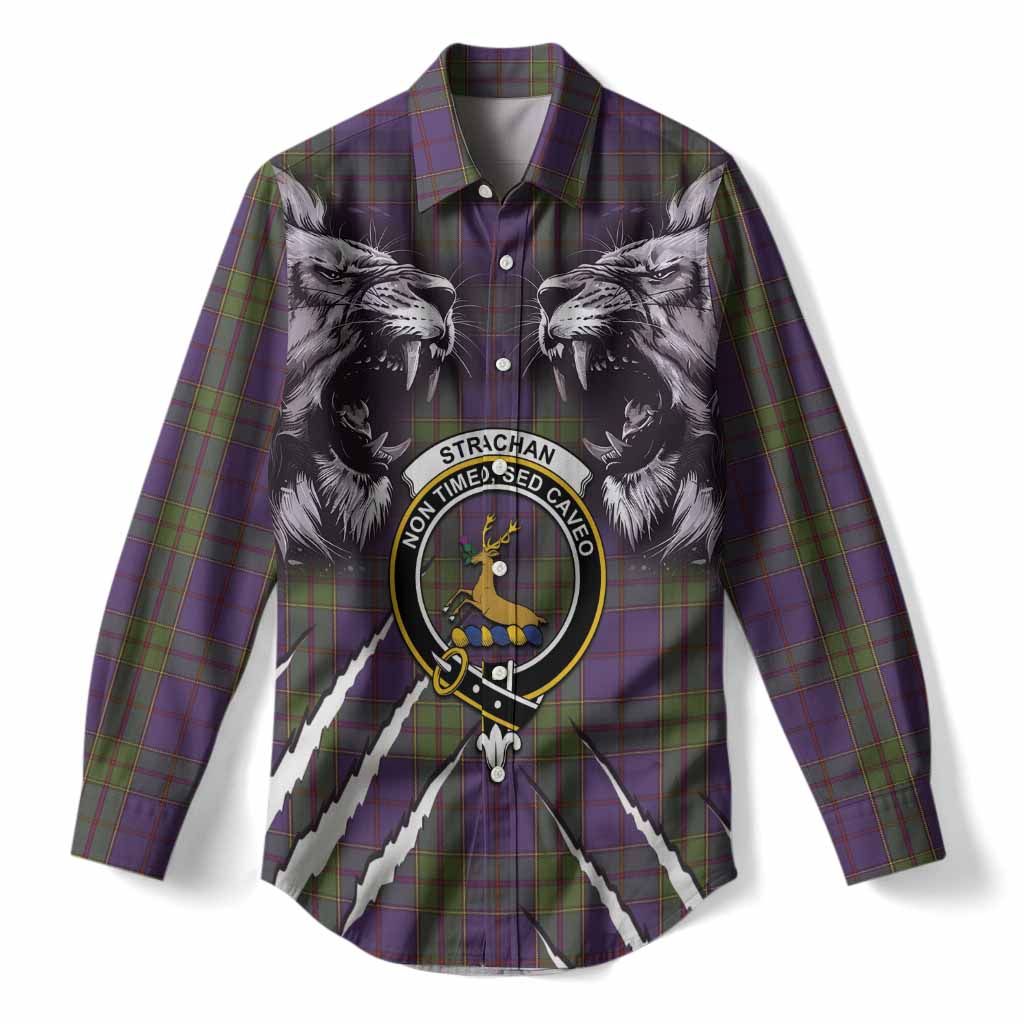 Strachan Tartan Crest Women Casual Shirt Ferocious Lion Style