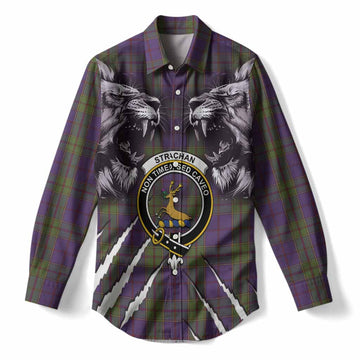 Strachan Tartan Crest Women Casual Shirt Ferocious Lion Style