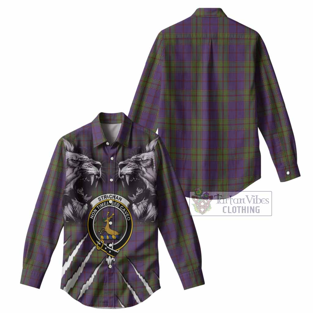 Strachan Tartan Crest Women Casual Shirt Ferocious Lion Style