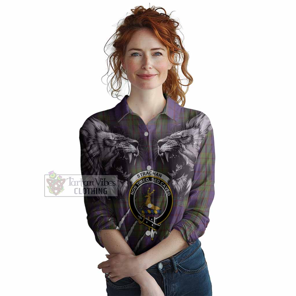 Strachan Tartan Crest Women Casual Shirt Ferocious Lion Style