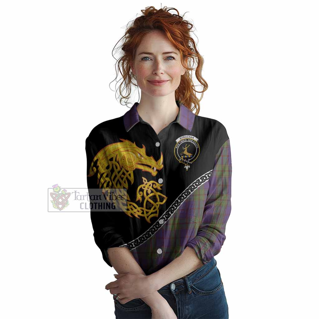 Strachan Tartan Crest Women Casual Shirt Legendary Dragon Knot Half Style