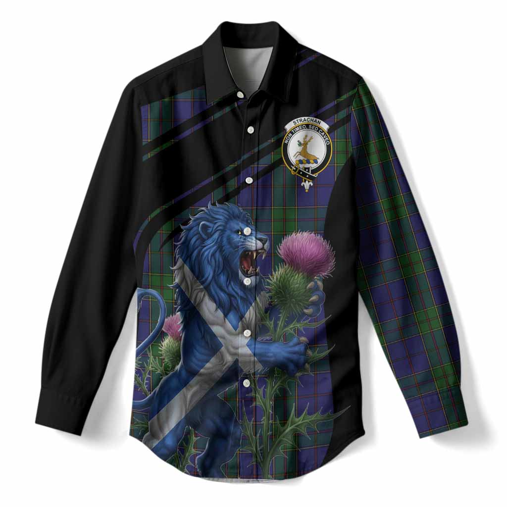 Strachan Tartan Crest Women Casual Shirt Scottish Lion Rampant Thistle