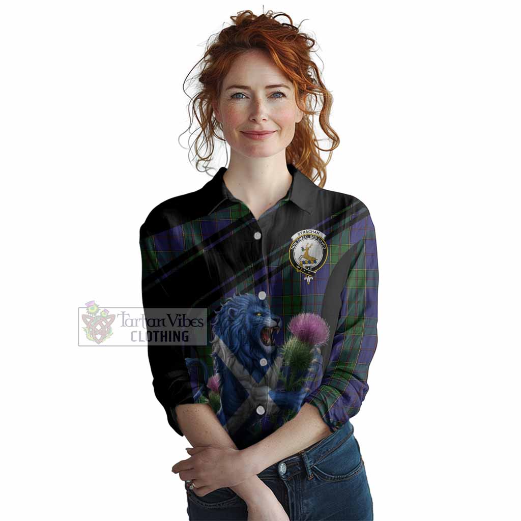 Strachan Tartan Crest Women Casual Shirt Scottish Lion Rampant Thistle