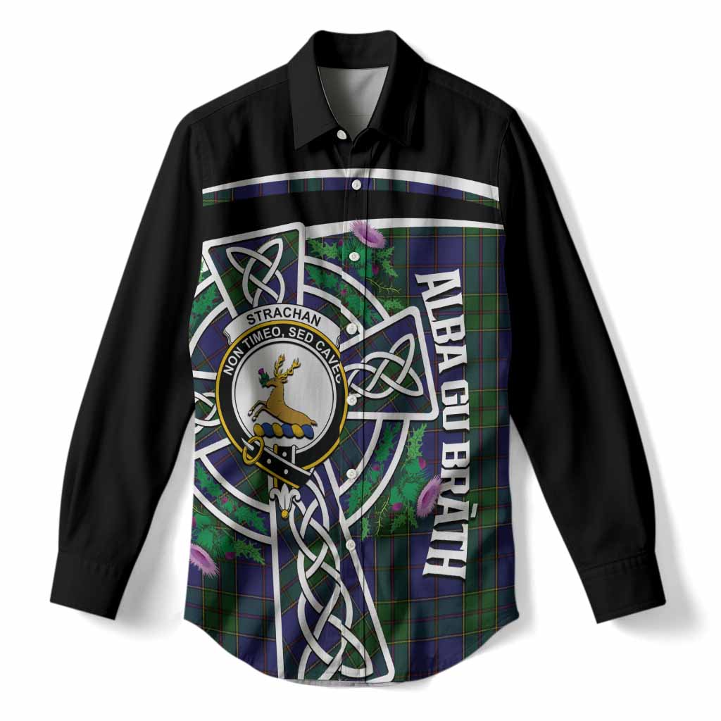 Strachan Tartan Crest Women Casual Shirt Scottish Thistle Celtic Cross Alba Gu Brath