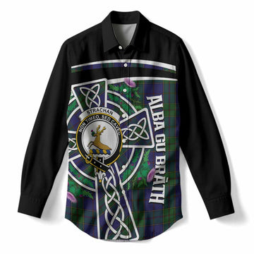 Strachan Tartan Crest Women Casual Shirt Scottish Thistle Celtic Cross Alba Gu Brath