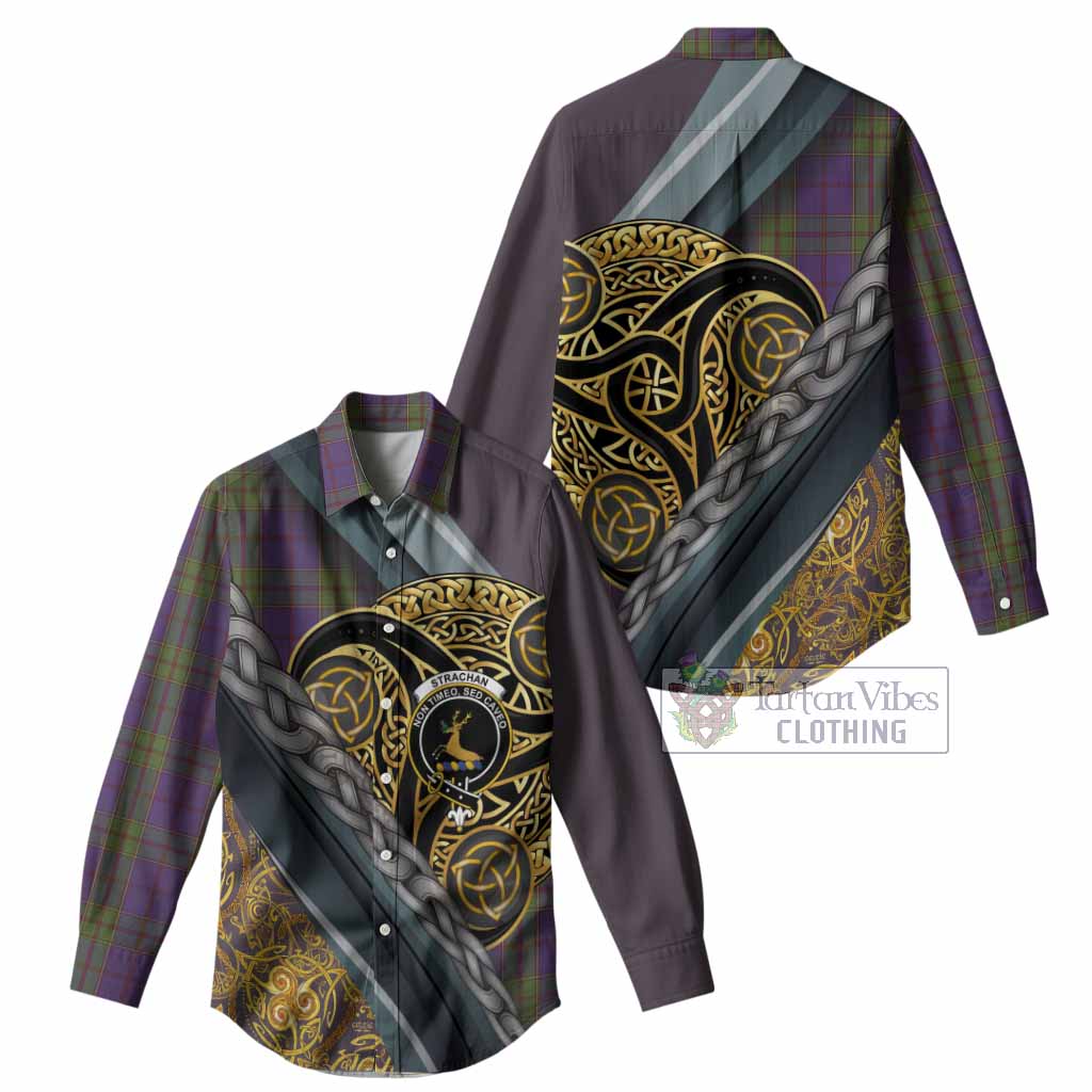 Strachan Tartan Crest Women Casual Shirt Scottish Triskele Celtic