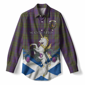 Strachan Tartan Crest Women Casual Shirt Scottish Unicorn With Thistle
