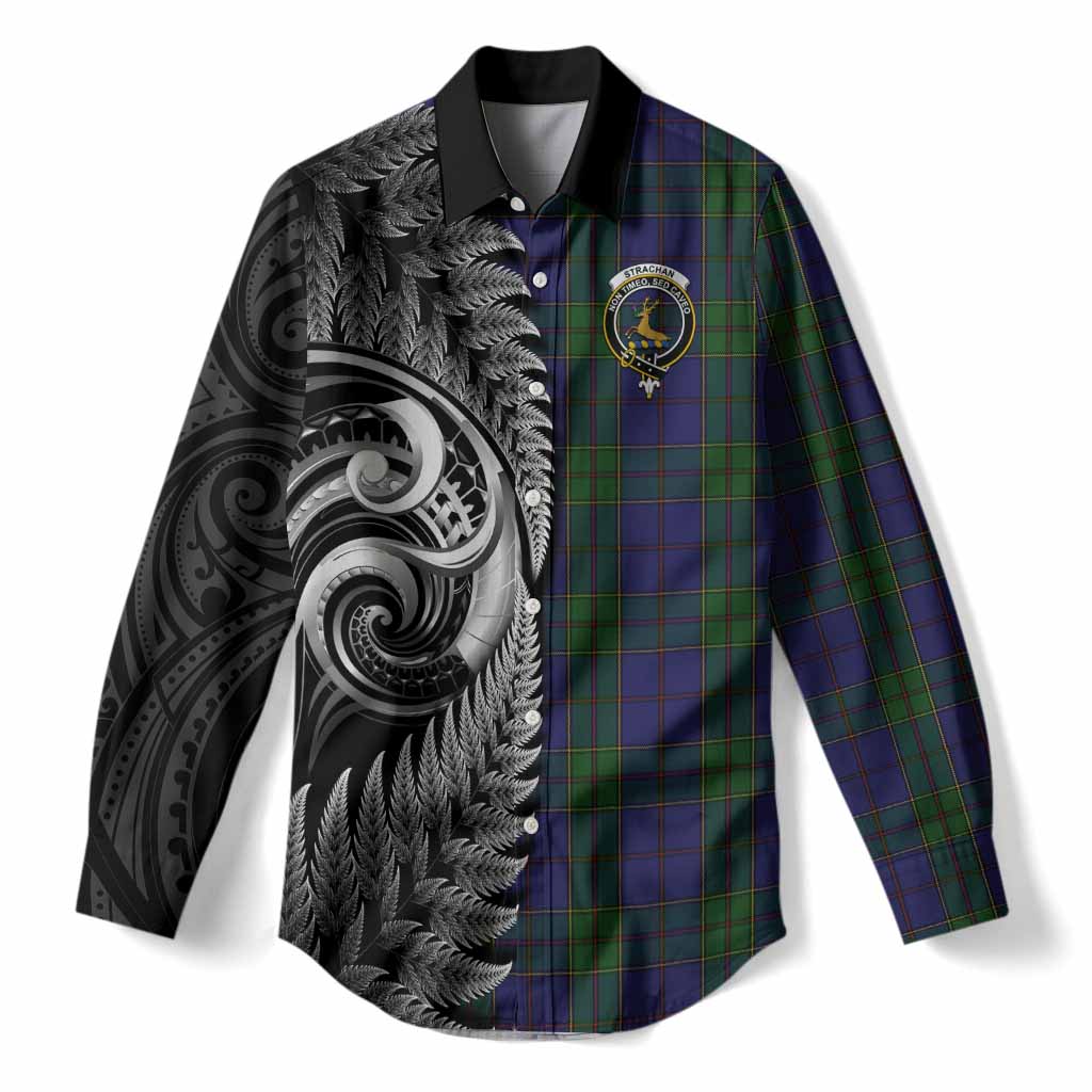Strachan Tartan Crest Women Casual Shirt With New Zealand Silver Fern Maori Koru