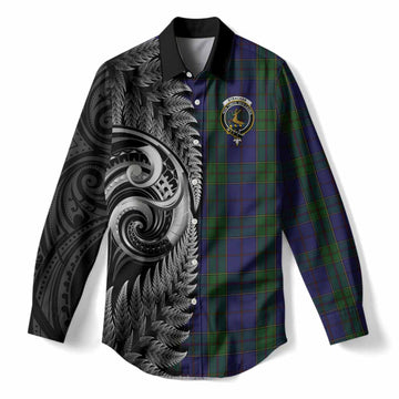 Strachan Tartan Crest Women Casual Shirt With New Zealand Silver Fern Maori Koru
