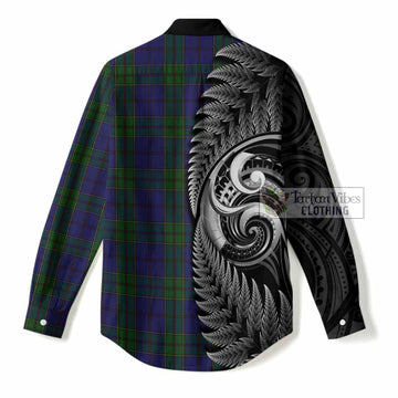 Strachan Tartan Crest Women Casual Shirt With New Zealand Silver Fern Maori Koru